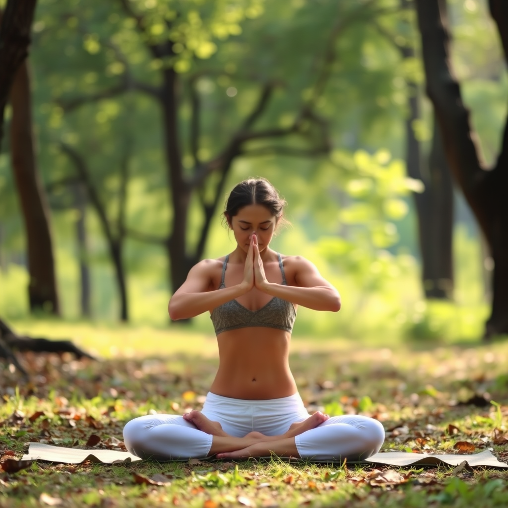 Personne pratiquant le yoga dans un environnement serein avec des éléments naturels, lumière douce filtrant à travers les arbres, posture de méditation paisible