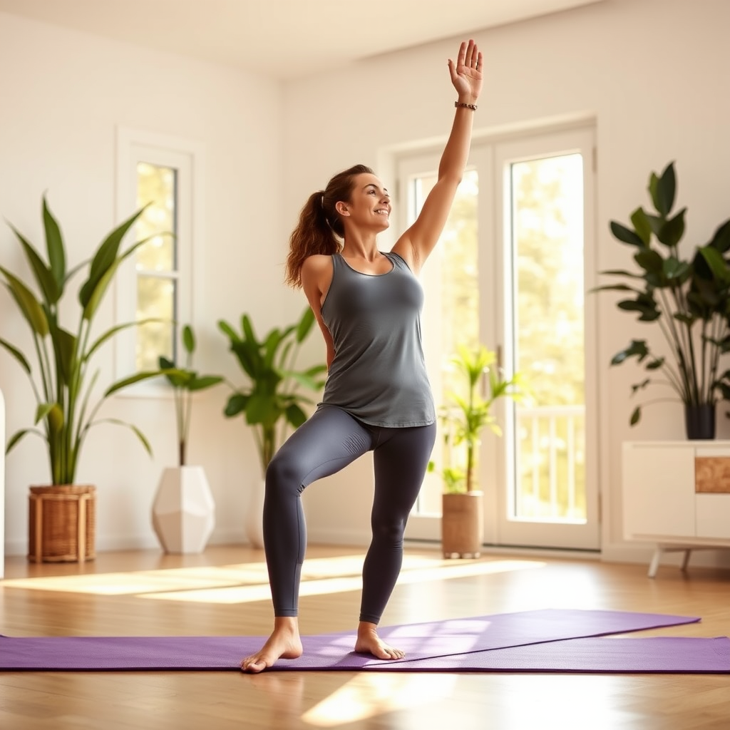 Femme en tenue de yoga pratiquant des postures matinales dans un salon lumineux avec tapis de yoga violet, plantes vertes en arrière-plan et lumière dorée du matin filtrant par les fenêtres