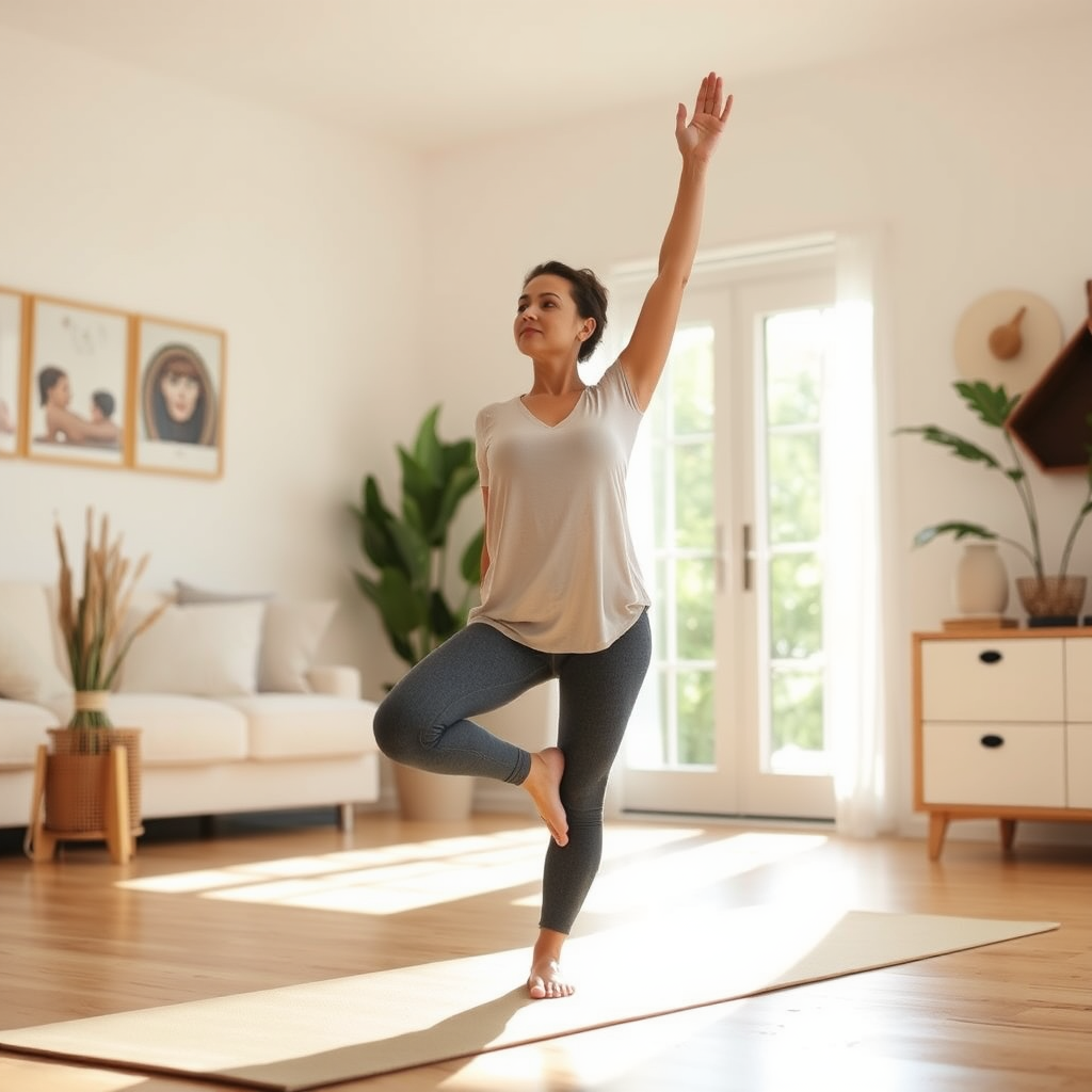 Femme pratiquant le yoga matinal dans un salon lumineux avec des rayons de soleil filtrant par la fenêtre, posture de salutation au soleil sur un tapis de yoga beige