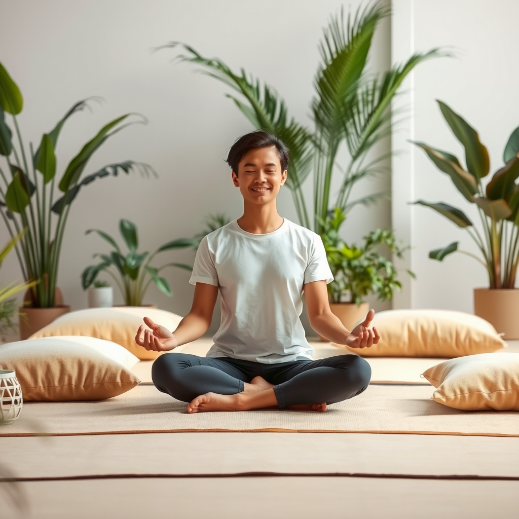 Personne assise en position de méditation dans un environnement paisible avec des coussins beiges, entourée de plantes vertes et d'une lumière douce naturelle