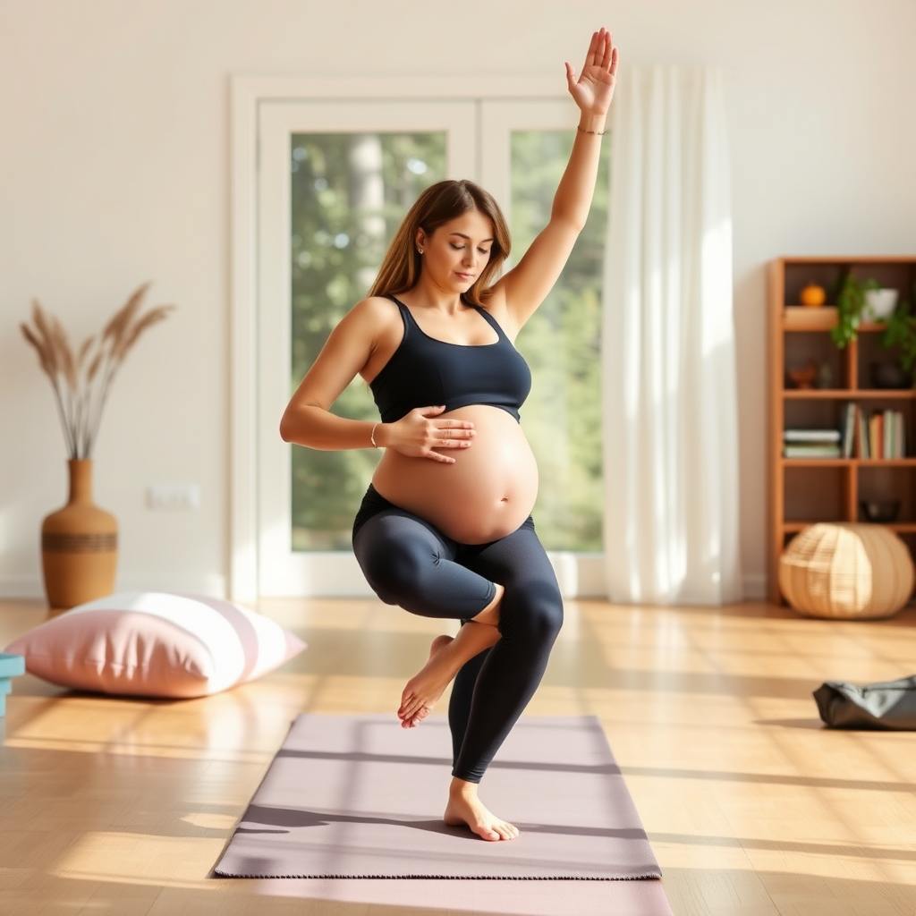 Femme enceinte pratiquant le yoga prénatal dans une salle lumineuse avec tapis de yoga, coussins et accessoires adaptés à la grossesse