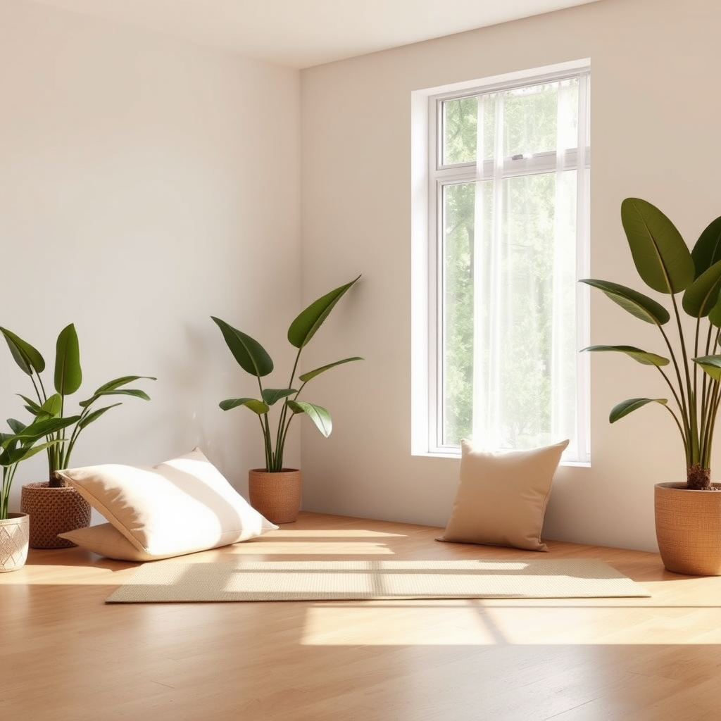 Espace de yoga zen à la maison avec tapis de méditation, coussins beiges, plantes vertes et lumière naturelle douce filtrant par une grande fenêtre