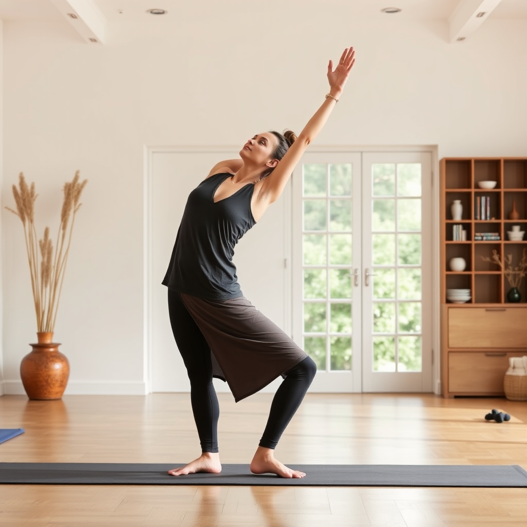 Instructeur de yoga expérimenté démontrant une posture avancée dans un studio lumineux avec des accessoires de yoga traditionnels, ambiance zen et professionnelle
