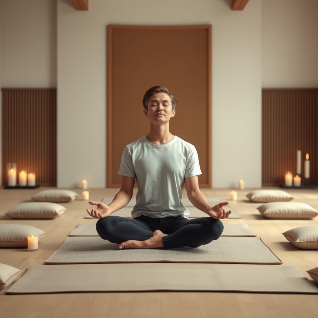 Personne assise en position de méditation dans un espace zen avec coussins, bougies, atmosphère calme et sereine, yeux fermés, concentration profonde, guide de méditation
