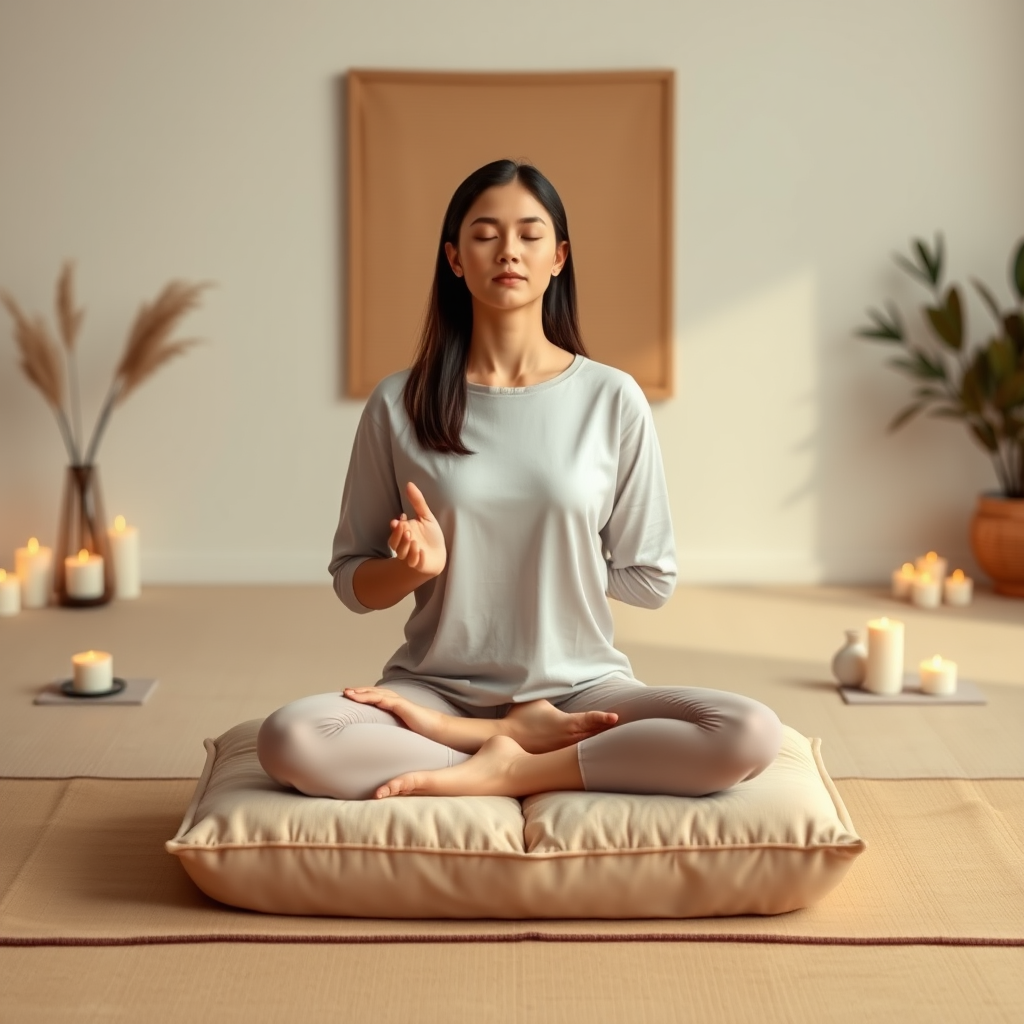 Personne assise en position de lotus sur un coussin de méditation beige, yeux fermés, mains en mudra, dans un environnement zen avec bougies et encens, lumière douce et apaisante