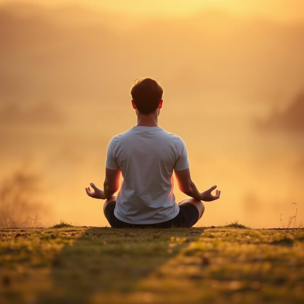 Personne en posture de méditation assise en tailleur au lever du soleil, environnement paisible avec lumière dorée matinale