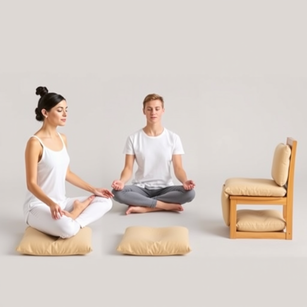 Démonstration de différentes positions de méditation assise : position du lotus, demi-lotus, et assise sur chaise, avec des coussins de méditation beiges