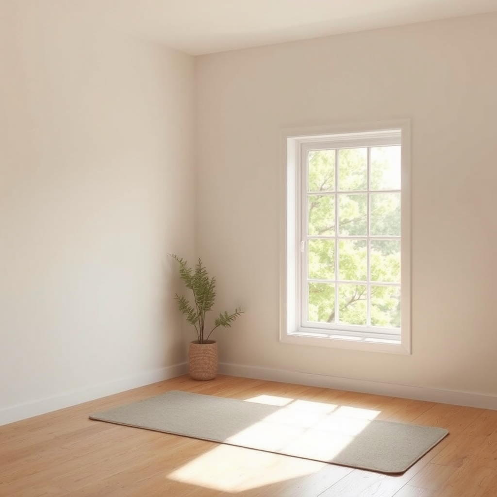 Coin tranquille près d'une fenêtre avec lumière naturelle douce, parfait pour la pratique du yoga et de la méditation