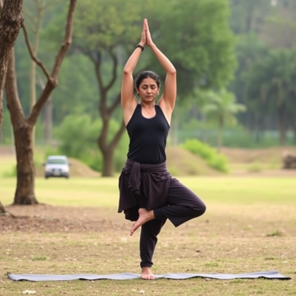 Pratiquant de Hatha yoga en posture de l'arbre dans un environnement paisible, démontrant la lenteur et la précision caractéristiques de ce style traditionnel