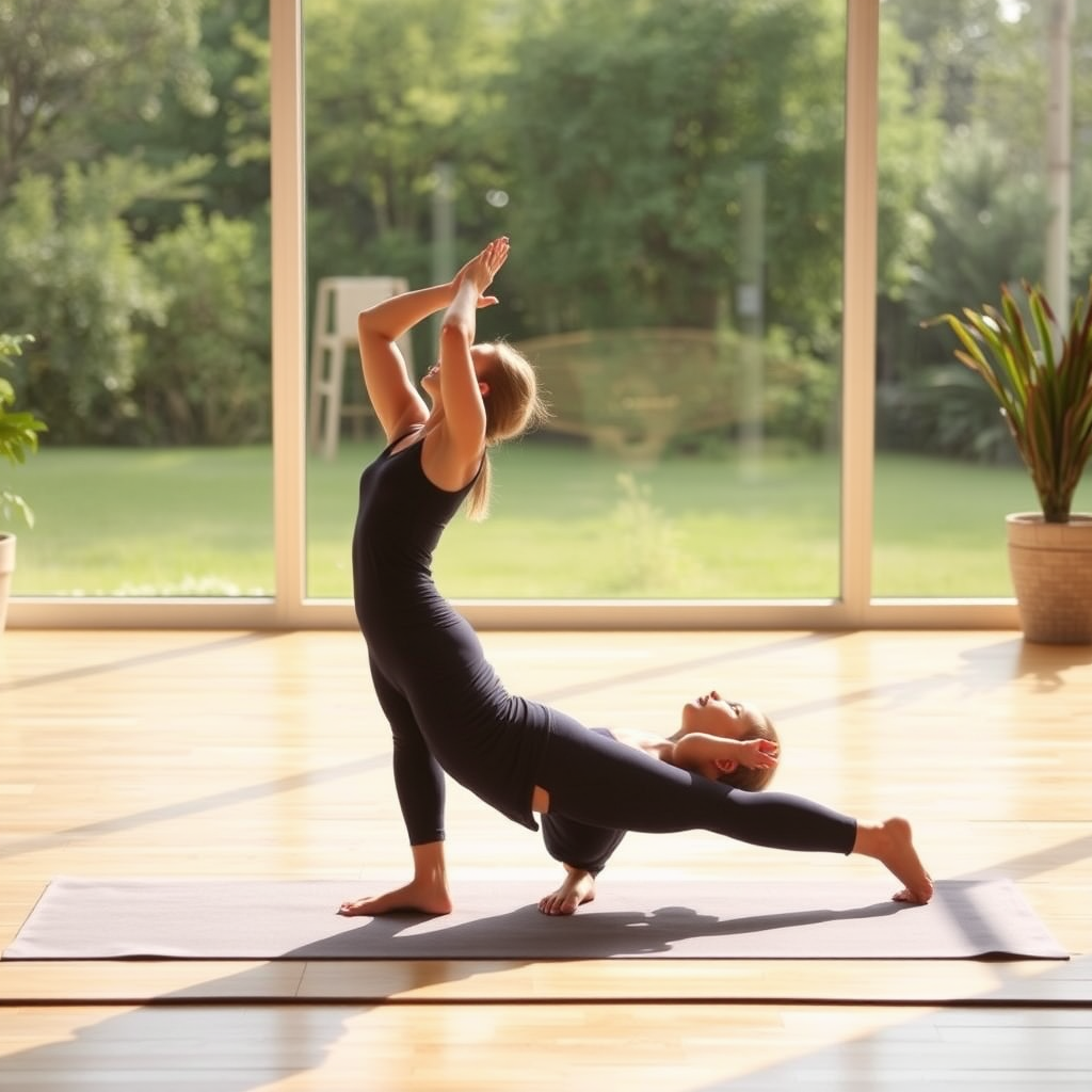 Séquence de postures de yoga matinal montrant la salutation au soleil, posture du chat-vache, et posture de l'enfant sur un tapis dans un environnement lumineux