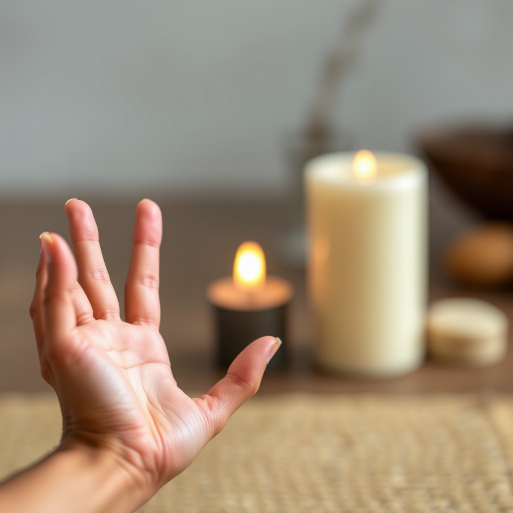Gros plan sur les mains en position de mudra pendant la méditation, avec une bougie allumée et des éléments zen en arrière-plan flou