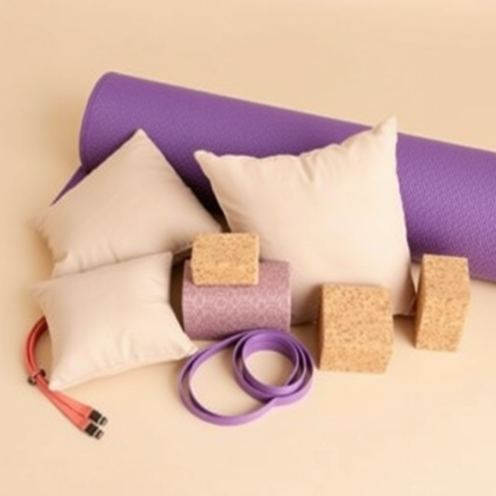 Collection d'accessoires de yoga disposés harmonieusement : tapis violet, coussins beiges, blocs en liège et sangles, sur fond neutre