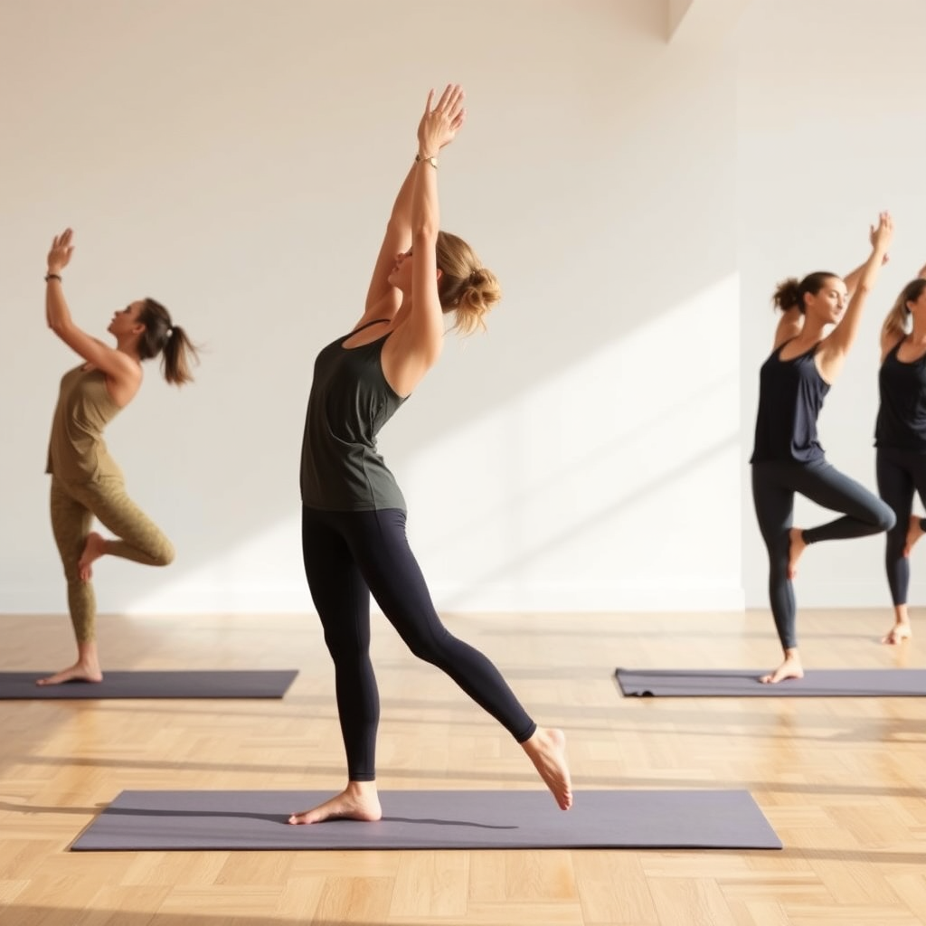 Séquence fluide de Vinyasa yoga montrant les transitions gracieuses entre les postures, synchronisées avec la respiration dans un studio moderne