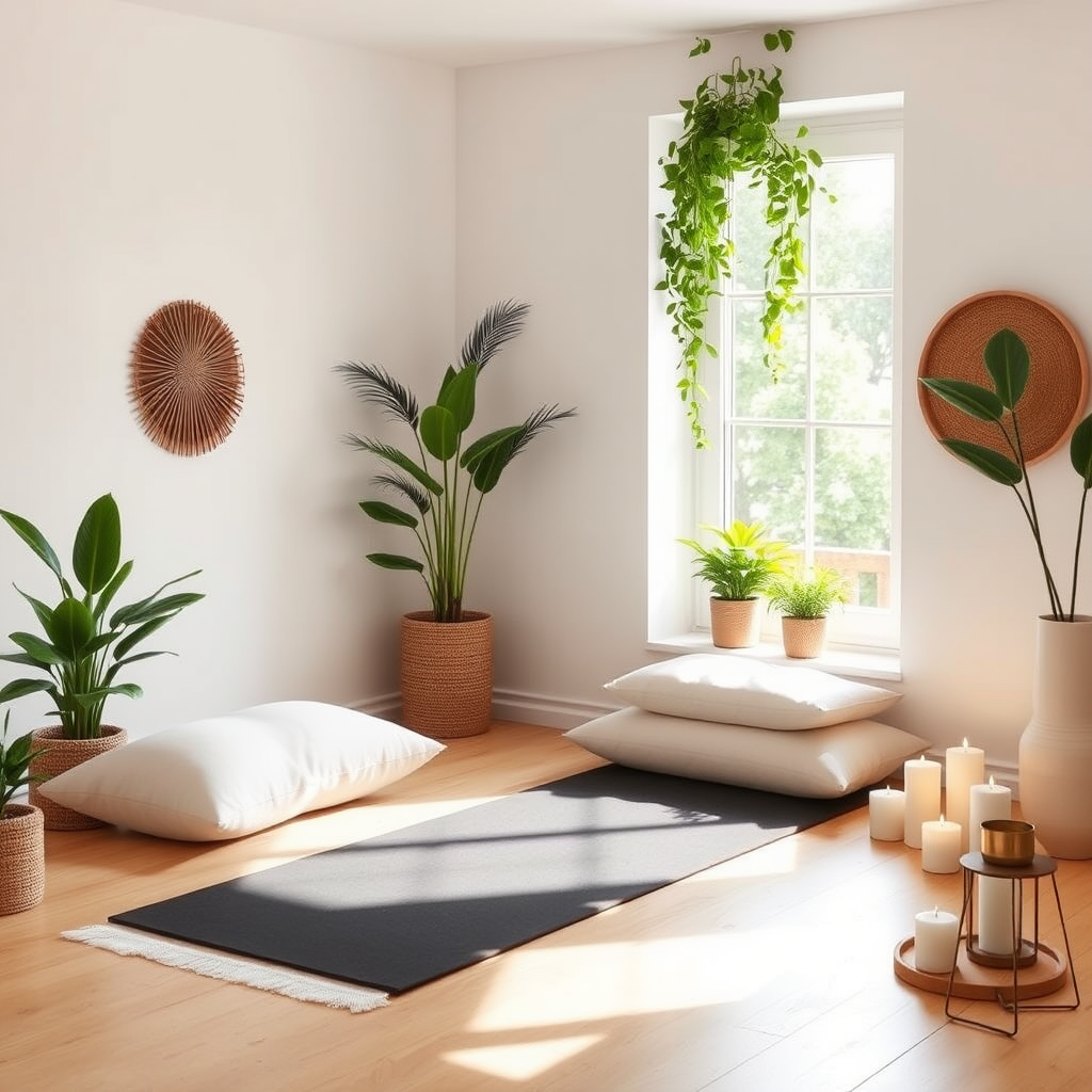 Espace de yoga aménagé à la maison avec tapis de yoga, coussins de méditation, plantes vertes, bougies parfumées, et décoration zen dans un coin lumineux près d'une fenêtre
