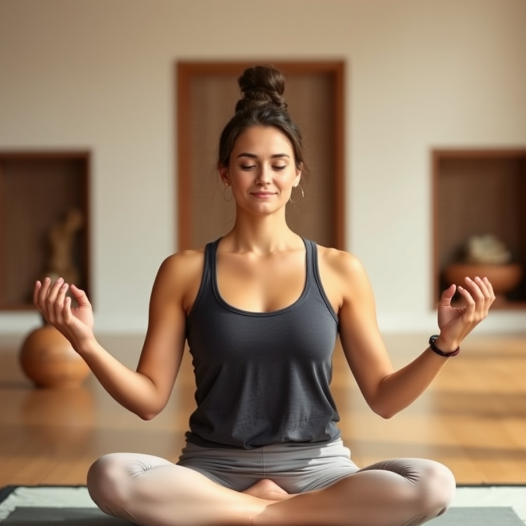 Personne pratiquant des techniques de respiration yoga en position assise, mains en mudra, expression sereine et concentrée dans un environnement zen