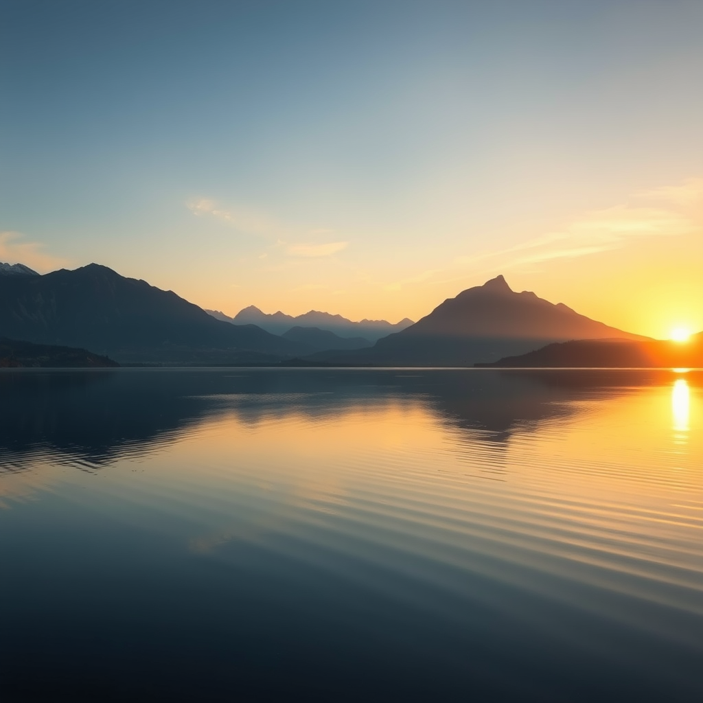 Paysage zen avec un lac calme reflétant des montagnes au coucher du soleil, symbolisant la sérénité et la paix intérieure atteintes par la méditation