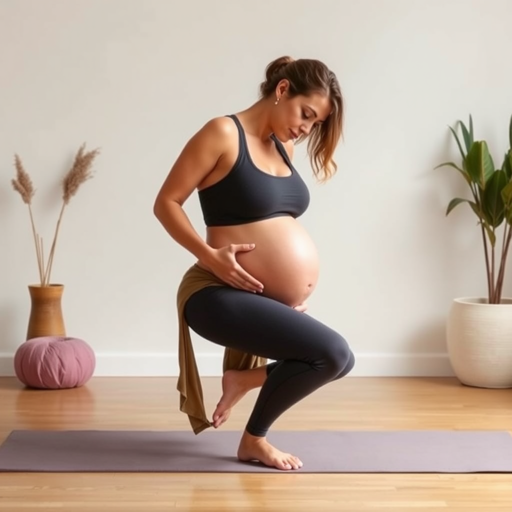 Femme enceinte en fin de grossesse pratiquant des postures d'ouverture des hanches et de préparation à l'accouchement avec des accessoires de yoga