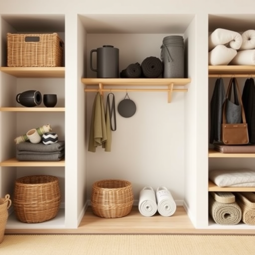 Espace de rangement zen avec panier en osier, étagères en bois naturel et accessoires de yoga soigneusement organisés