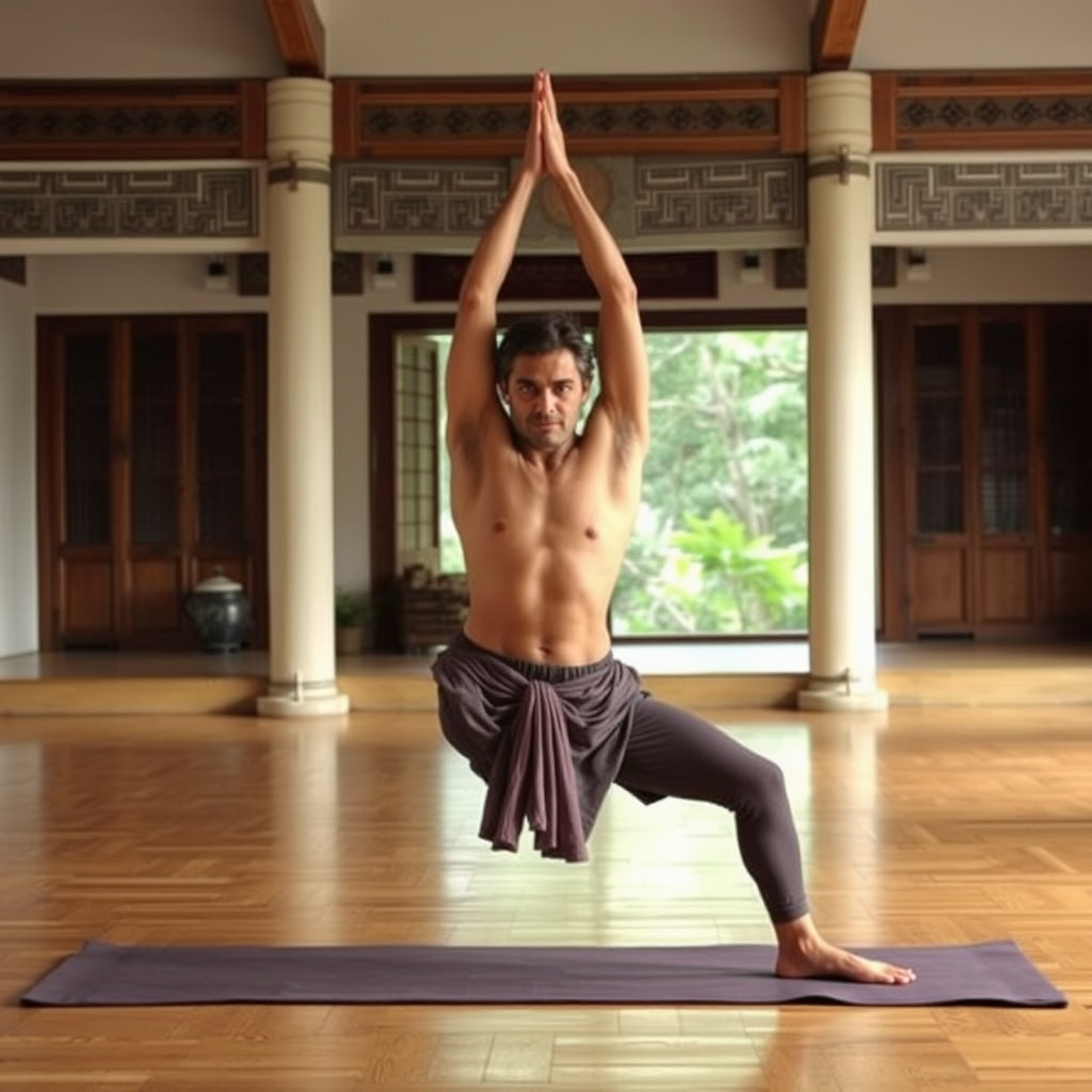 Pratiquant d'Ashtanga yoga exécutant une séquence précise de postures dans un environnement traditionnel, illustrant la rigueur et la discipline de cette méthode