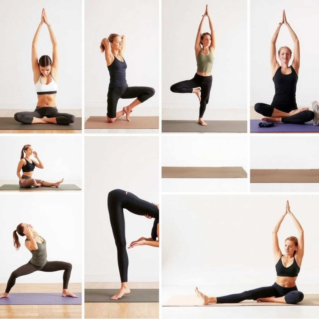 Collage montrant différents styles de yoga : postures de Hatha yoga statiques, flow dynamique de Vinyasa, séquences d'Ashtanga et postures relaxantes de Yin yoga avec accessoires