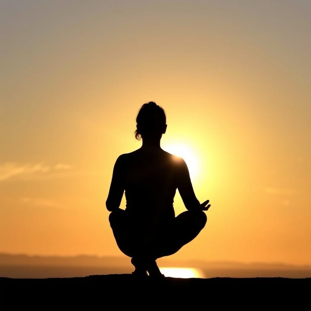 Silhouette d'une personne en posture de méditation face au lever du soleil, atmosphère paisible et inspirante symbolisant la transformation personnelle par le yoga matinal