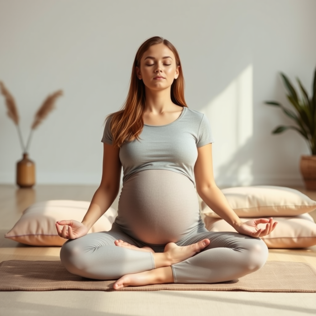 Femme enceinte en position de méditation assise confortablement avec des coussins, les yeux fermés dans une atmosphère paisible